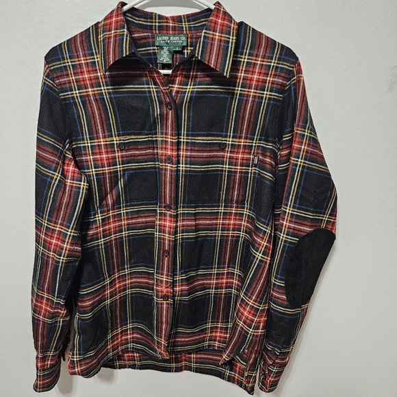 Vtg Lauren Jeans Co Wool Black Red Tartan Plaid Shirt Leather Elbow Patch Large - Picture 1 of 6